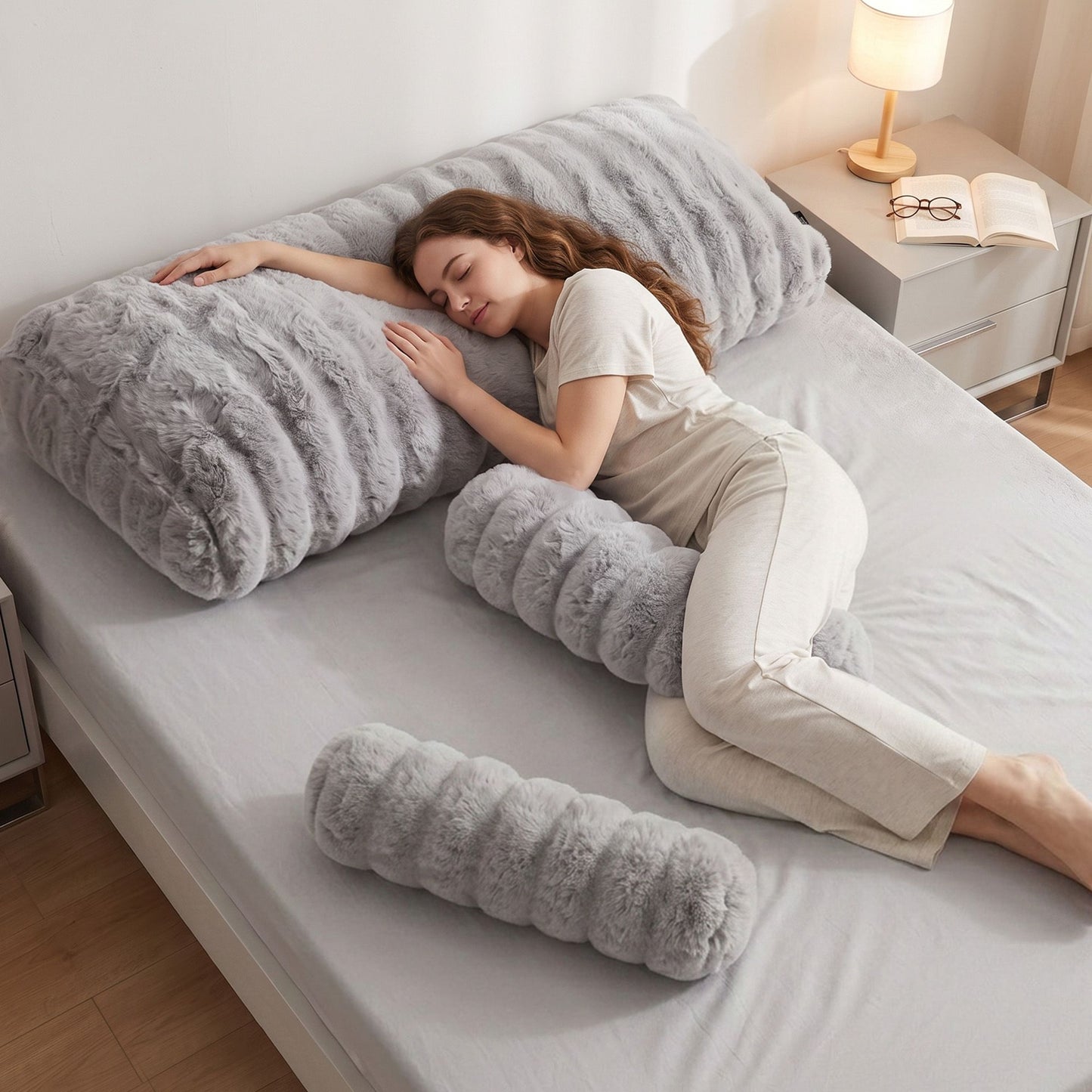 Giselle Wedge Pillow Headboard, Easy Wash Zipper Cover & Anti-Flat Foam, Couch Lumbar Support for Dorm Readers, 340g Faux Rabbit Fur with Dual Pockets, Queen