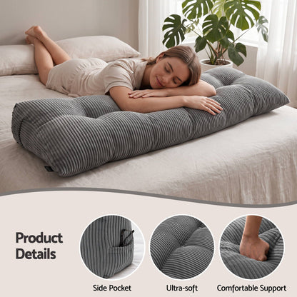 Giselle Headboard Pillow for Sitting in Bed, Upgraded Shredded Foam Reading Wedge Cushion for Lumbar Support, 320g Corduroy Backrest with Side Pockets for Dorm Daybed, Queen