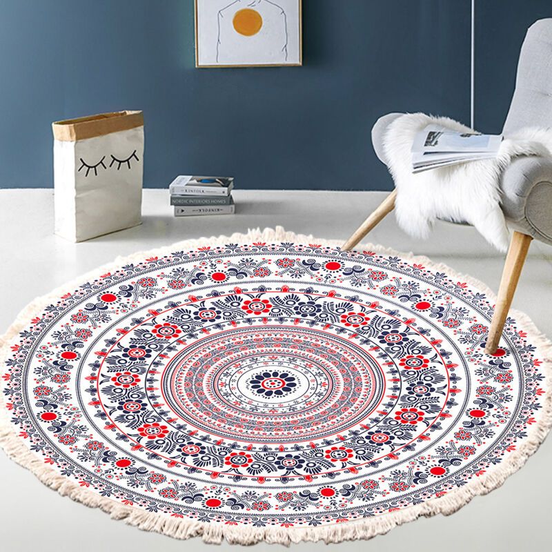 Rug Living Room Round Rug Cotton Hand Woven Mandala Pattern Bohemian Vintage Style Rug with Tassels Machine Washable Hallway Living Room Coffee