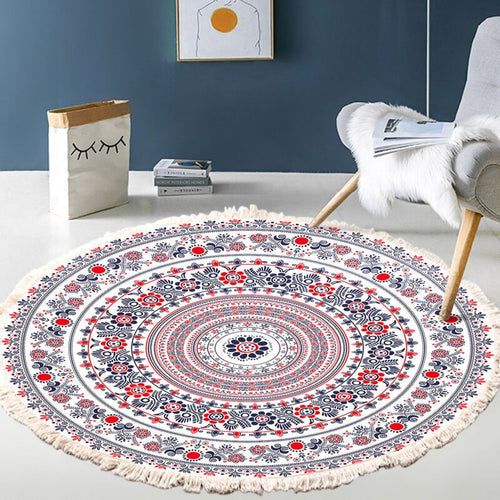 Rug Living Room Round Rug Cotton Hand Woven Mandala Pattern Bohemian Vintage Style Rug with Tassels Machine Washable Hallway Living Room Coffee
