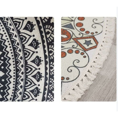 Rug Living Room Round Rug Cotton Hand Woven Mandala Pattern Bohemian Vintage Style Rug with Tassels Machine Washable Hallway Living Room Coffee