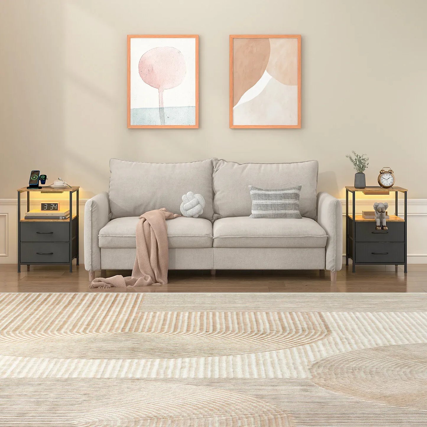 Black and Brown Nightstand with LED Light, Charging Station, and Storage - 60x40cm